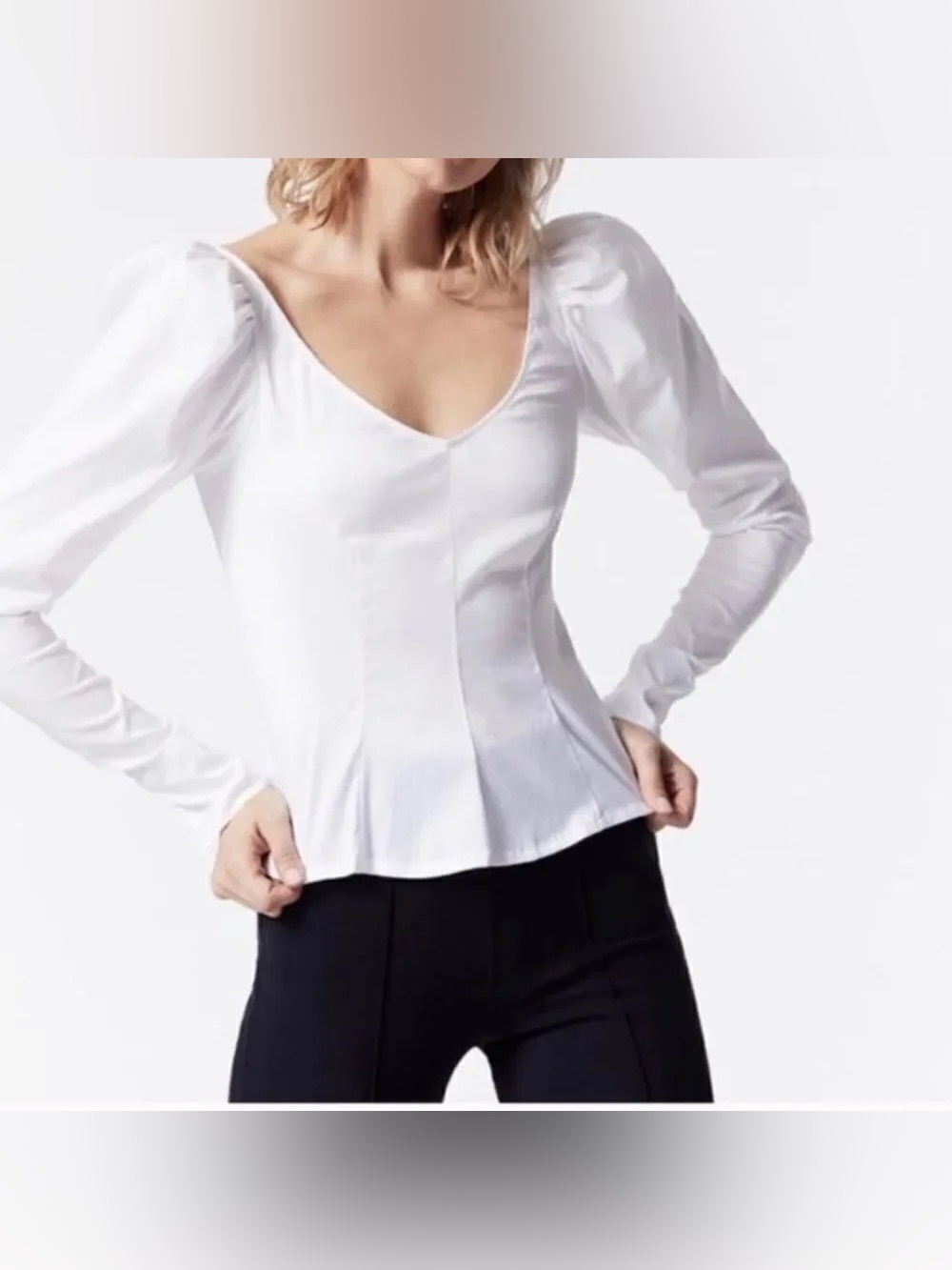 Carbon38 White Corset Puff Sleeve Lace Up Back Top, Size M